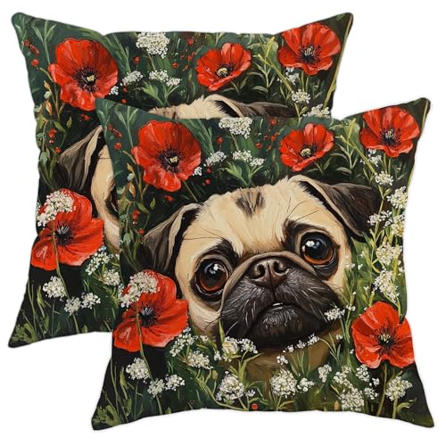Lot de 2 housses de coussin carrées décoratives à motif floral de coquelicot rouge pour décoration printanière, salon, sofa, lit, canapé, 45,7 x 45,7 cm