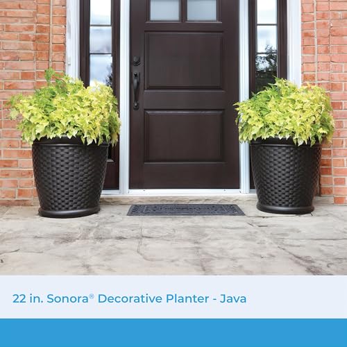 Image of Suncast Sonora 22 Inch Plastic Wicker Indoor or Outdoor Decorative Garden Flower Planter for Entryways, Porch, and Backyard Patios, Dark Brown