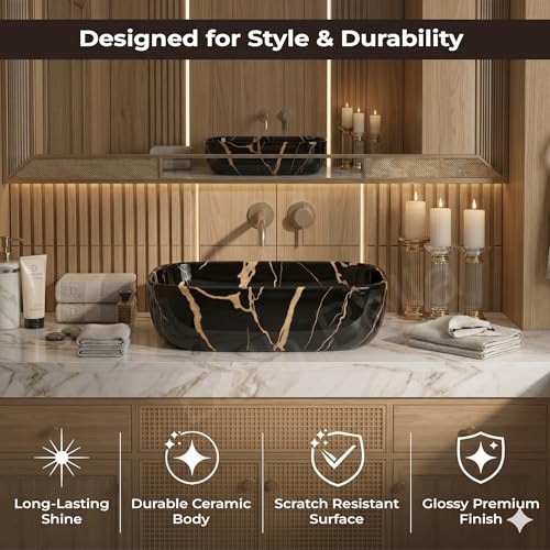 Image of Designer Ceramic Wash Basin For Bathroom | Over Counter Bathroom Basin | Counter Top Bathroom Sink | Wash Basin For Restaurant, Hotel (18 x13 x 5 Inch) (Black Gold Jelly)