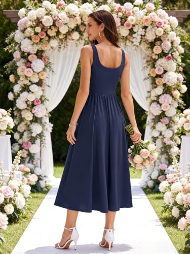 Image of Sureple Midi Dresses for Women 2026 Spring Square Neck Tank Sleeveless A Line Casual Summer Sundresses with Pockets