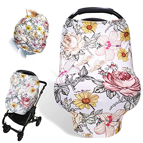 Image of Floral Baby Car Seat Cover Girls, Infant Carseat Canopy, Stretchy Multi- use Nursing Cover for Stroller/High Chair/Shopping Cart/Car Seat Canopies
