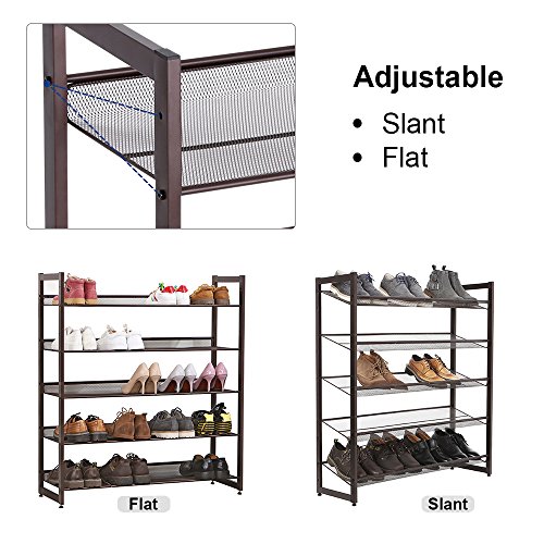 Image of SONGMICS 5-Tier Metal Shoe Rack Adjustable to Flat or Slant Shoe Organizer Holder Stand Shelves Stackable for Entryway Bedroom Bronze ULMR05A