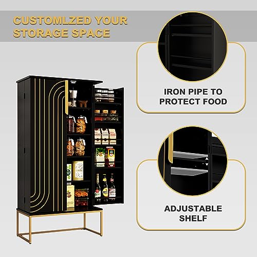 HOLTICO 46.5\'\' Accent Wood Kitchen Pantry with Doors, Storage Cabinet with Adjustable Shelves, Food Pantry Cabinet for Kitchen, Dining Room, Living Room and Garage, Metal Legs,Black - Thumbnail 7