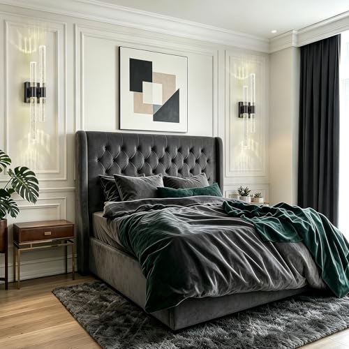 Image of Crystal Wall Sconces Set of Two Black Wall Sconce Hardwired LED Bathroom Vanity Light Fixtures 21.25in 4000K Vertical and Horizontal Wall Mounted Sconces for Bedroom, Living Room, Hallway