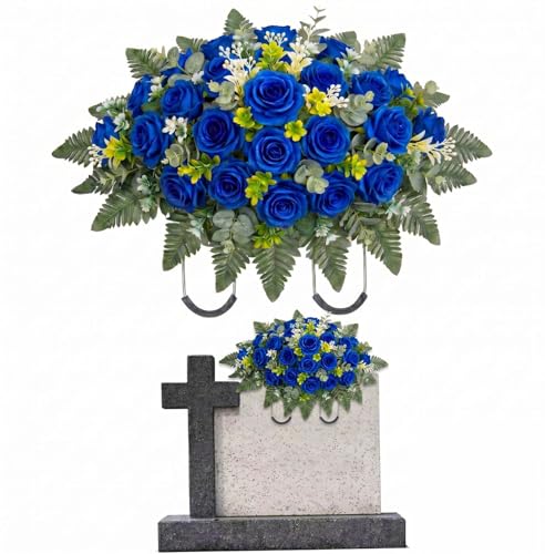 Artificial Cemetery Flowers for Graveside - Headstone Saddle Flower Arrangement, Outdoor Grave Memorial Tombstone Decor, Weather-Resistant Faux Roses (Blue) image 1