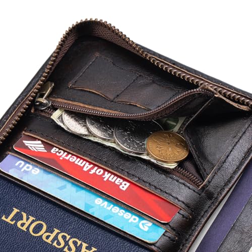Image of Passport Holder for Travel Family with Strap Genuine Leather RFID Blocking Travel Document Organizer Wallet with Pen Holder, Antiqued