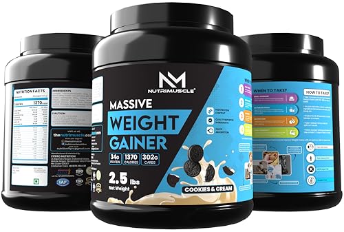 Image of Nutrimuscle Massive Weight Gainer for Men & Women, 2.5 Lbs - Cookies & Cream Flavour | High Calorie Formula with Complex Carbohydrates & Protein for Healthy Weight Gain