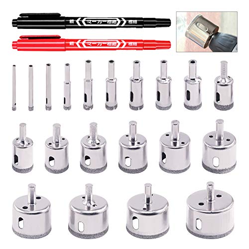 Rustark 22 Pcs 4mm-45mm Diamond Coated Hole Saw Drill Bits Assortment Set with Marker Pens, Marble Tile Glass Hole Saws Tool for Porcelain Drilling Power Tools