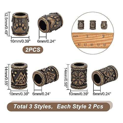 UNICRAFTALE 6Pcs 3 Styles Paracord Bead Stainless Steel European Beads Large Hole Beads Spacer Beads Column Beads with Bear Paw Print Helm of Awe Valknut Metal Beads for Jewelry Making - Image 3