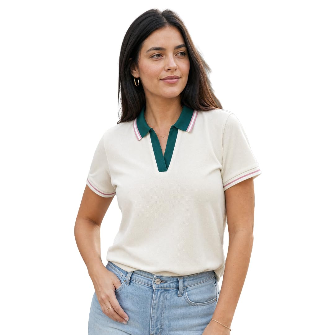 nobero Women V-Neck Johnny Contrast Collar Cotton Polo T-Shirt-picture-44