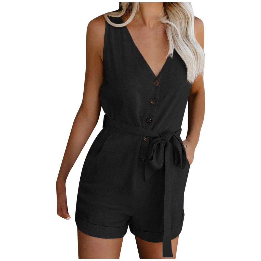 Generic Mono de verano para mujer, pantalones cortos de peto, cuello en V, sin mangas, botones, traje de pantalón con bolsillos y gurtel, traje de cintura alta, monocolor, pantalones cortos holgados,