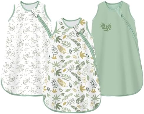 Chilsuessy Sommerschlafsack 3 Stücke Baby Schlafsack Sommer Schlafsack 0.5 Tog 100% Baumwolle Babyschlafsack Ärmellos für Neugeborene, Grüne Pflanzen Set, 67cm/0-6 Monate