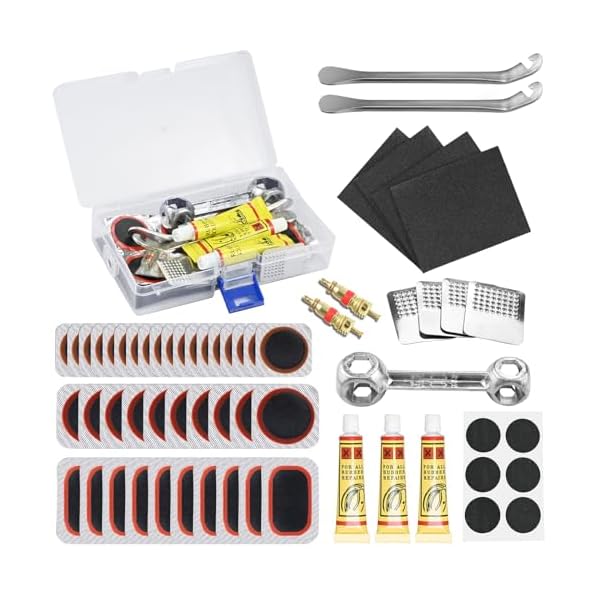 XunHe 56 Stück Fahrrad Flickzeug Set,Tragbar Fahrrad Flickzeug Set mit Reifenreparaturkleber, Patch, Metall Reifenheber, Fahrrad Ventileinsatz, Ventilschlüssel Kompatibel mit Allen Fahrradschläuchen