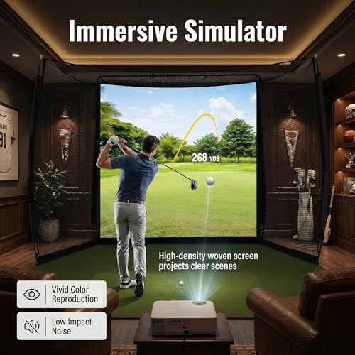 RUNFREELY 10x8ft Golf Practice Net with Impact Screen and Golf Mat, Heavy Duty Steel Frame Golf Hitting Net & Range Cage Design for Golf Simulator Indoor Trainin