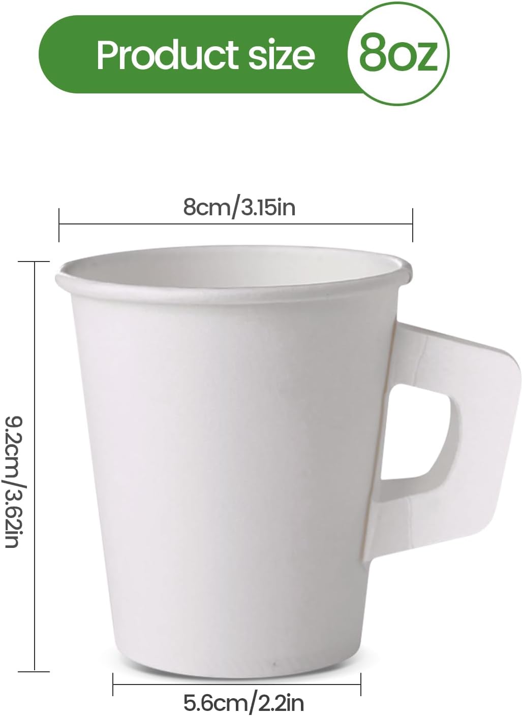 Diagram showing the dimensions of the 8 oz Jippedea paper cup: 8cm (3.15in) top diameter, 9.2cm (3.62in) height, and 5.6cm (2.2in) bottom diameter.