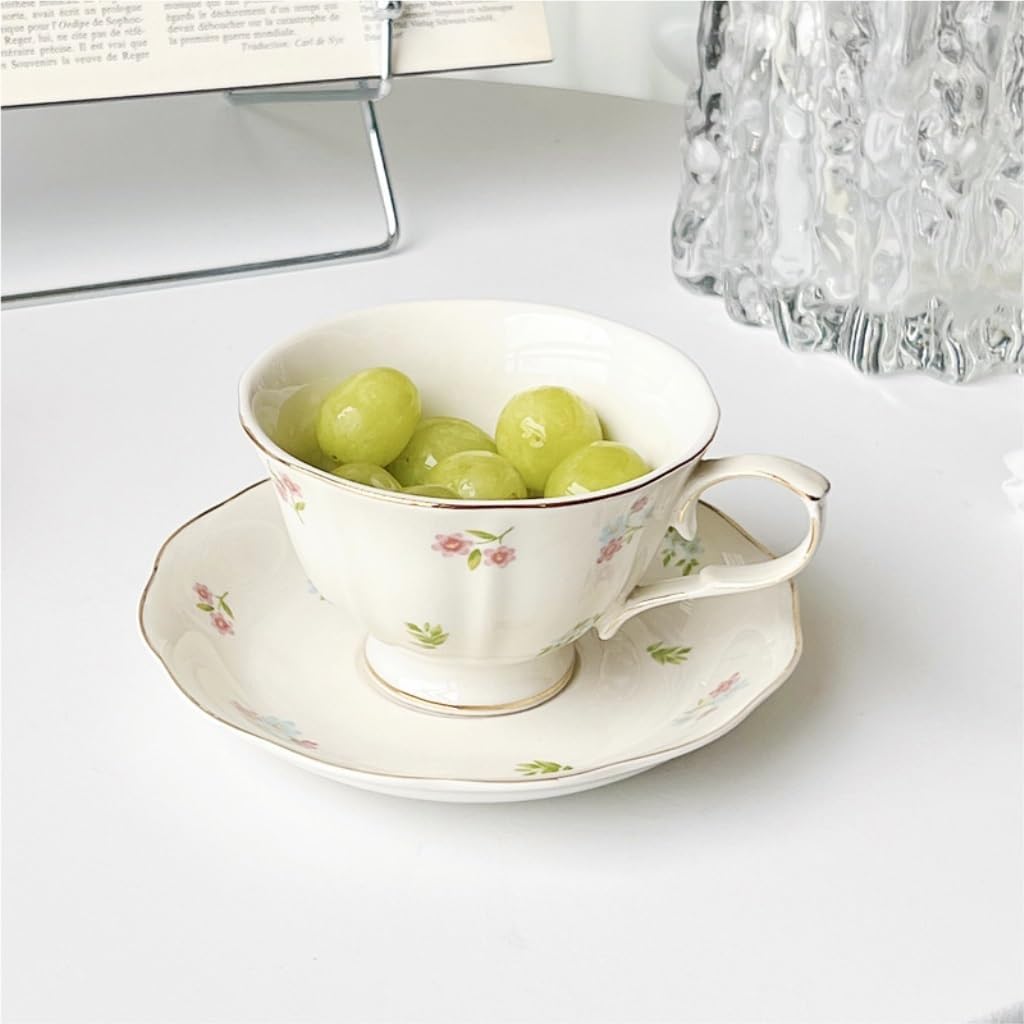 Coffee cup set Fashion Gold-painted Retro Small Floral Ceramic Coffee Cup and Saucer Set High-end Afternoon Tea Hanging Ear Light Luxury Coffee Mug