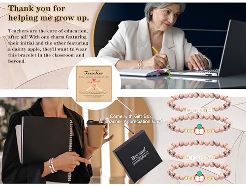 Teacher Appreciation Gifts for Women,Teacher Must Haves Initial Bracelet Mrs Miss End of Year Teacher Gifts Thank You for Helping Me Grow Music Math Science Teachers Bracelets Retirement 2 Set Jewelry