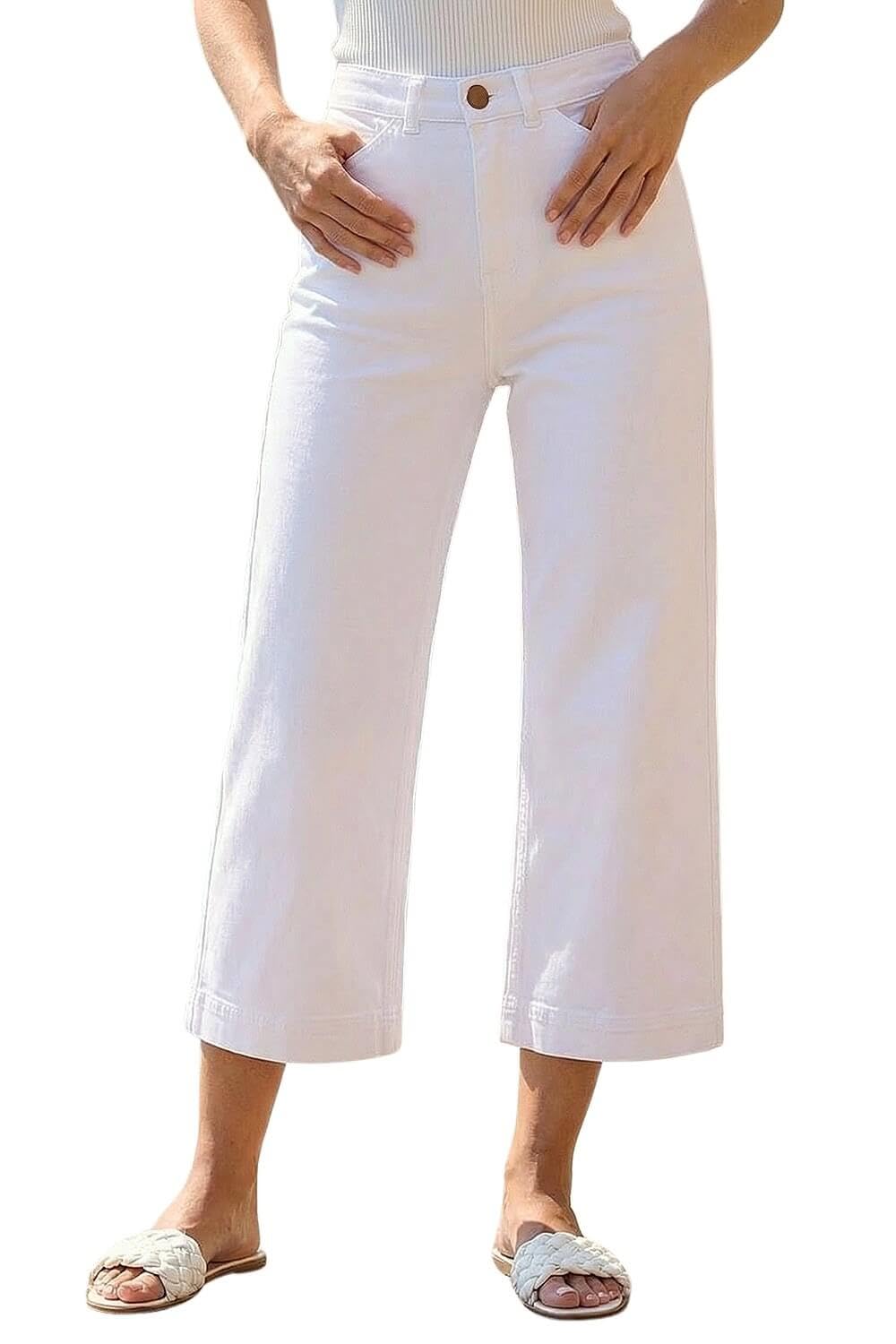 Roman Originials Denim Culottes for Women UK Ladies Cotton Cropped Trouser Wide Leg Jean Stretch Pants Capri 3/4 Length Three Quarter Summer Loose Casual Spring - White - Size 20