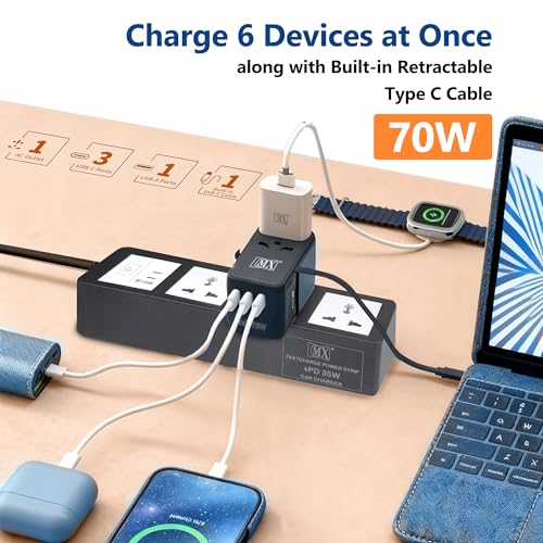 Image of MX GaN 70W Universal Travel Adapter with Retractable 54cm USB-C Cable, 3 USB-C Ports & 1 A Port, 1 Universal Socket, 6-in-1 Fast Charging International Adapter, Type A /C /G /I Output 200+ Countries