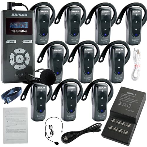 EXMAX-EX-318 Sistema de guía de turismo inalámbrico con receptor audífono y micrófono para iglesia, interpretación simultánea, enseñanza, conferencia (1 transmisor y 10 receptores con estación de carga USB de 16 puertos) miniatura 1