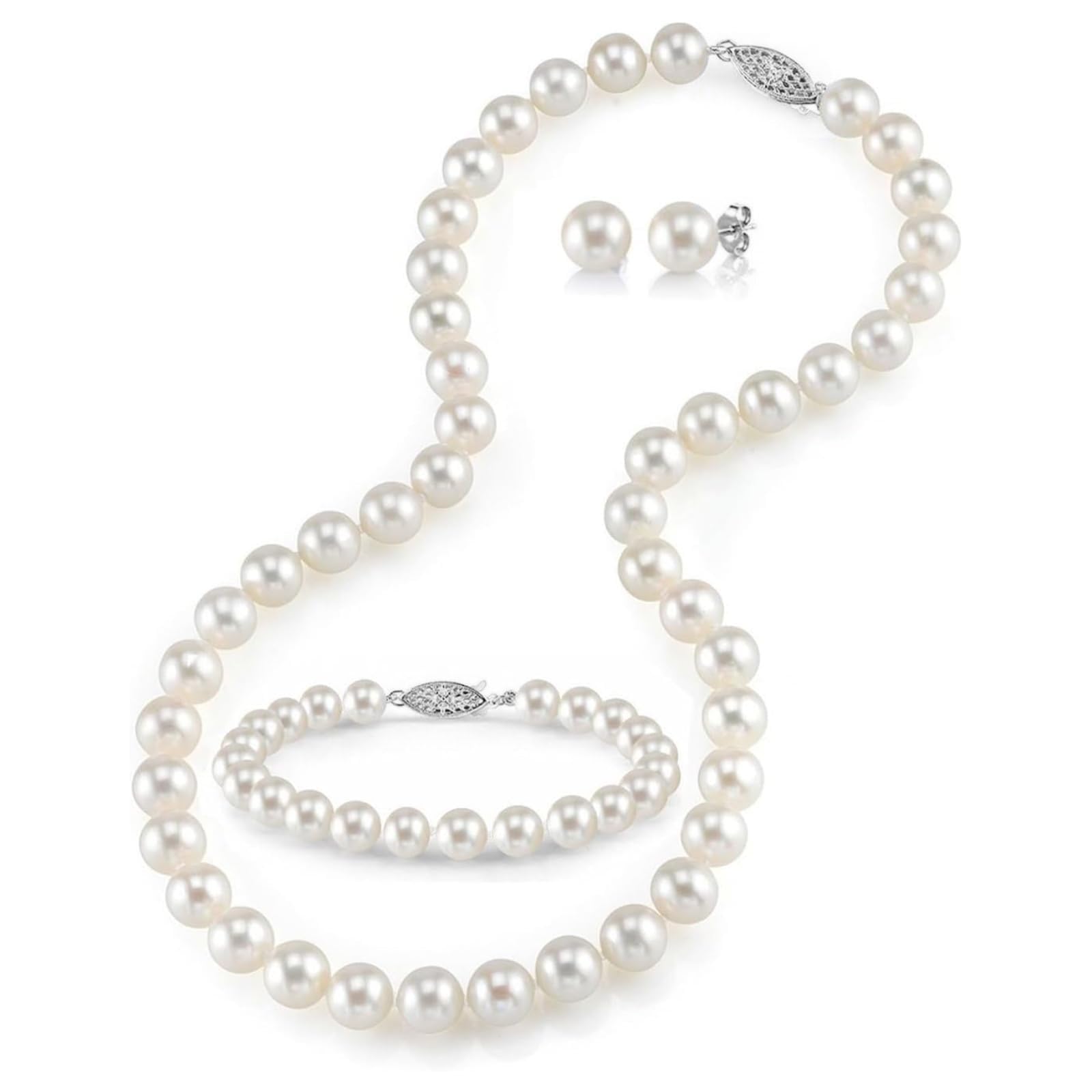 14K Gold Real Pearl Jewelry Set for Women - AAA+ Quality Round Freshwater Pearl Necklace, Earrings, and Bracelet with Genuine Cultured Pearls