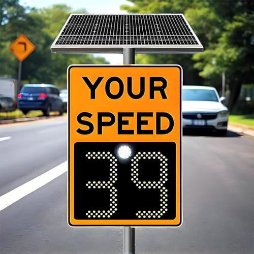 COAKUE Señal de límite de Velocidad con Radar y alimentación Solar, con Accesorios, Panel de Advertencia de Velocidad con información de tráfico, señal LED de Radar. Orange/3digitdisplay 35″×24″