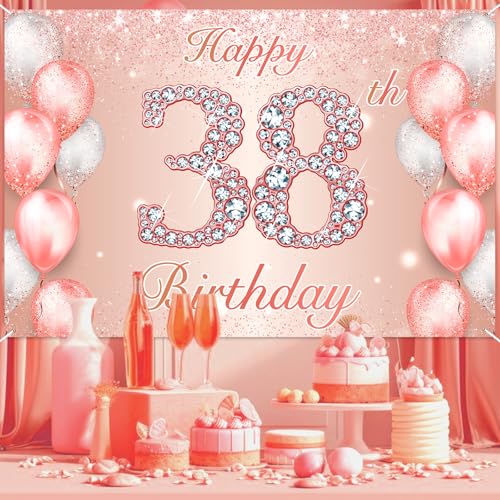 Image of Happy 38th Birthday Rose Gold Banner Cheers to 38 Years Old Backdrop Confetti Balloons Theme Decor for Women 38 Years Old Pink Birthday Party Decorations Bday Supplies Background Favors Gift Glitter