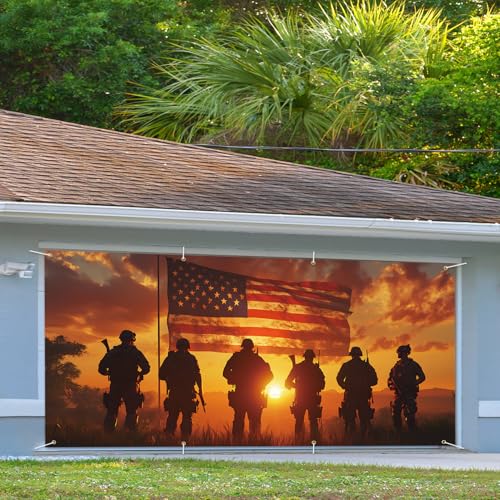 Image of 13x6 ft Patriotic Silhouette Garage Door Banner - Saluting Figures with American Flag Backdrop, Hanging Garage Decorations - for Memorial Day Veterans Day Tribute, Military Honor Outdoor Wall Sign