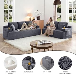 XOCN Boneless Sofa Couch Set with Cup Holders & Side Pockets, Modern Corduroy Fabric Upholstered 3-seat Couch & Loveseat Set with 4 Throw Pillows for Living Room, Office, No Assembly (Grey)