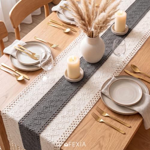 Image of FEXIA Boho Table Runner with Tassels for Home Decor 12x72 Inches Grey | 72 Inches Long Modern Farmhouse Rustic Burlap Table Decoration for Bedroom Living Dining Room Baby Shower Autumn Decor
