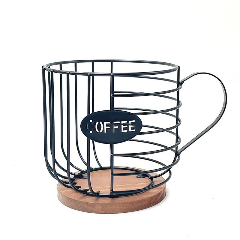 Coffee Pod Holders for Counter, Coffee Pods Storage Organizer, Large Capacity Black Wire Kup Storage with Wooden Base, Coffee Bar Accessories