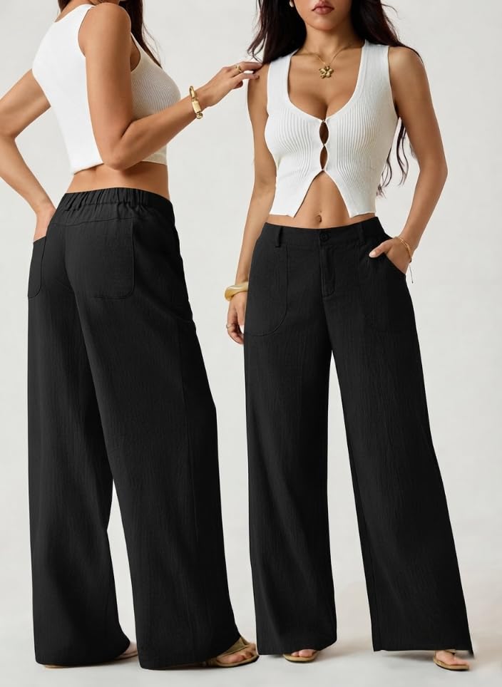 Image of GRECIILOOKS Beige Wide Leg Linen Trousers for Women | High Waist Cotton Baggy Korean Style Casual Pants | Comfortable Formal & Casual Women Trousers