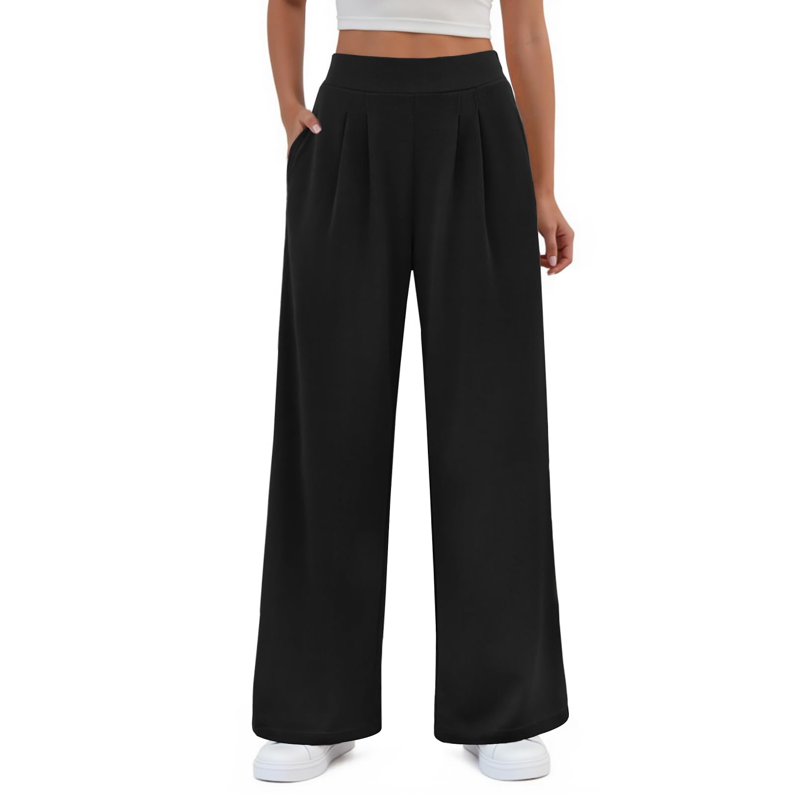 FireSwan Womens Wide Leg Pants Elastic High Waist Casual Palazzo Pants Trousers with Pockets