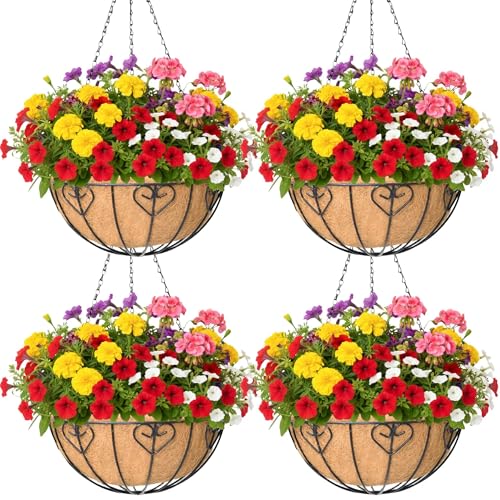 KIDYBELL 4 Pack 16 Inch Hanging Planters for Outdoor Plants Metal Hanging Basket with Coco Coir Liner Black Modern