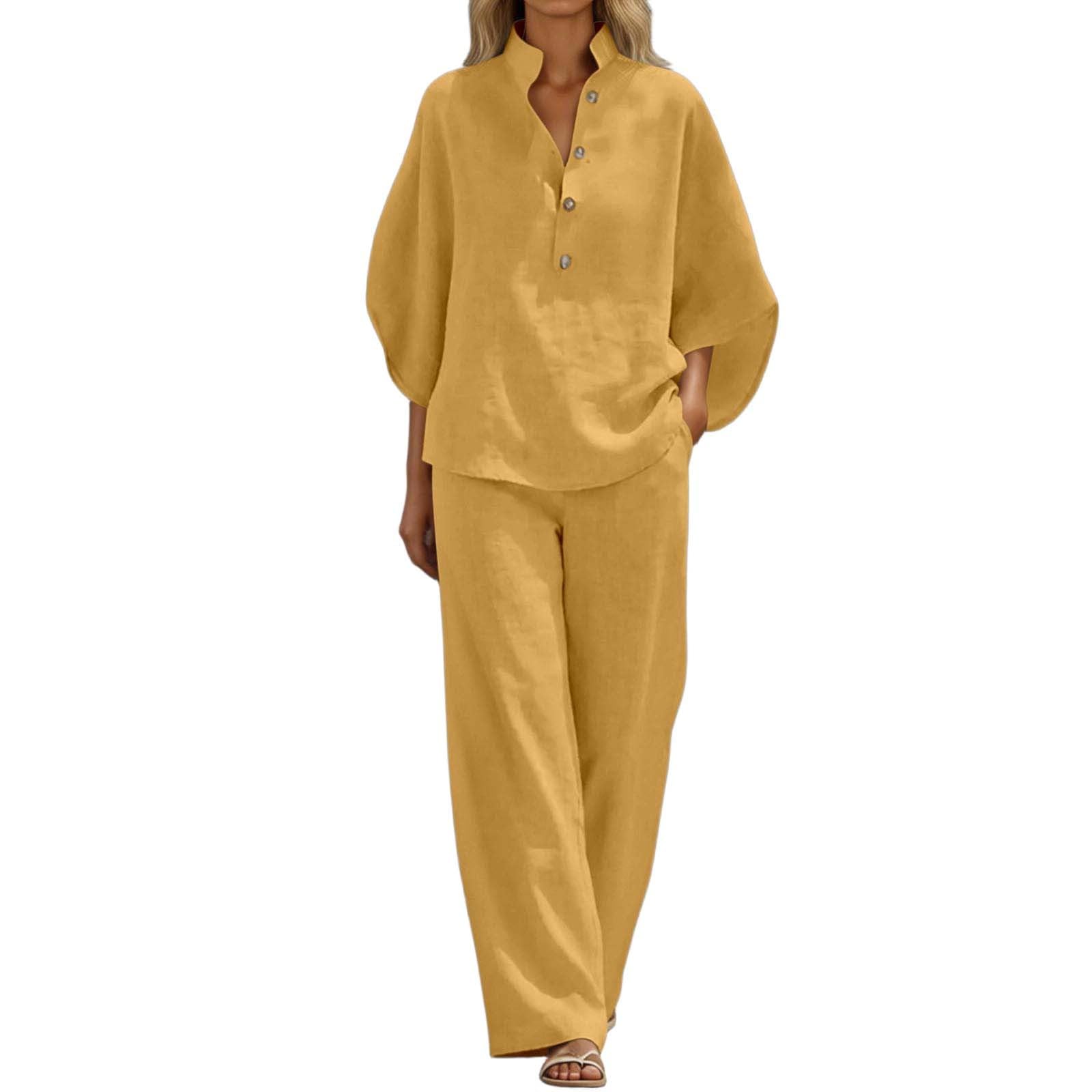 Generisch Traje informal de dos piezas para mujer, monocolor, camisa holgada con cuello alto, botones y pantalones largos, cómodo, informal, verano, diario, vacaciones, ligero, moda