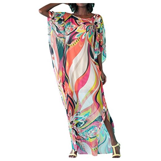 FSMO Damen Elegante Blumen Sommer Kleid Chiffon Tunika Strandkleider Lose Kaftan Smock