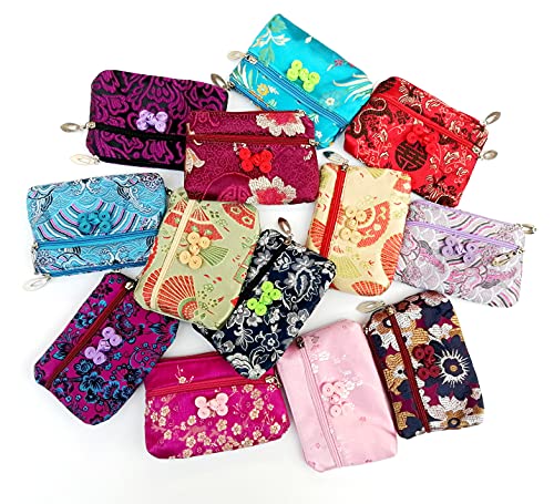 Image of HUAMULAN 6 PCS Chinese Silk 2 Zippers Coin Purse Bag Brocade Wallet Lipstick Container Jewelry Embroidered Pouch Bag Make Up Organizer