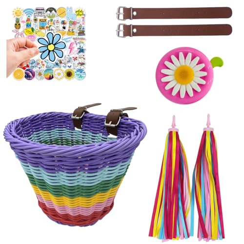 Panier de vélo enfant en osier tissé main avec lanières en cuir et accessoires roses pour vélo