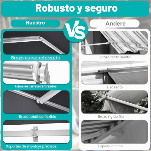 Toldo para balcon 360x300 cm de aluminio con manivela manual gris oscuro 6