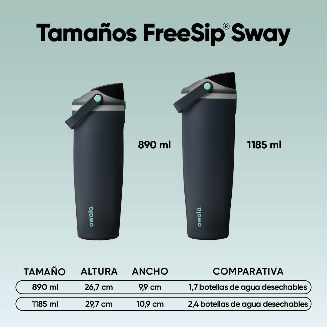 Owala FreeSip Sway botella de agua térmica de acero inoxidable con boquilla 2‑en‑1, 1185ml, pajita integrada y asa tipo cubo, para viajes, escuela y deporte, sin BPA, a prueba de fugas, Foggy Tide