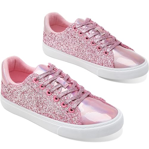 Image of AISFAES Glitter Sparkly Low Top Sequins Lace Up Tennis Shoes Comfort Bling Fashion Shiny Walking Shoes
