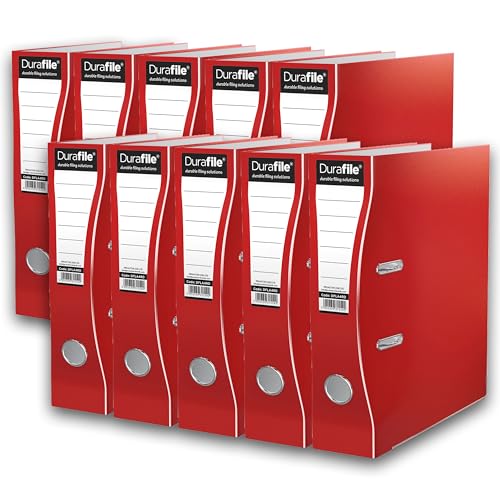 Durafile Lever Arch Files, Red, Pack of 10 Folders, Heavy Duty Board Construction Suitable for A4 Size Documents, Ideal folders for School, Home and The Office