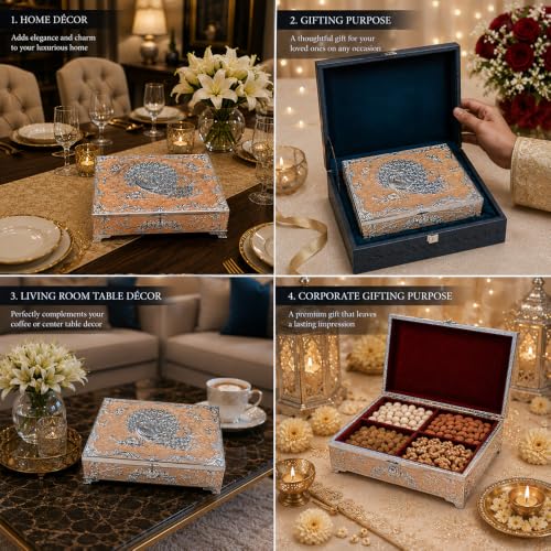 Image of Diviniti Decorative Silver Embossed Dry Fruit Box with 4 Compartments | Premium Golden Designer Storage Box for Dry Fruits, Nuts, Chocolates & Sweets | Elegant Home Decor & Festive Gift Box