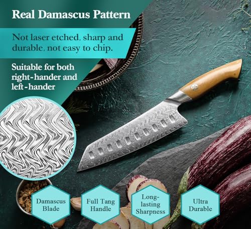 HEZHEN Damascus Santoku Knife, 7 Inches, 67 Layers Damascus Steel Kitchen Knife, Ultra Sharp Blade, Japanese Chef Knife for Professional Chefs and Home Cooking, Linen Micarta Handle, Gift Packing - Image 4