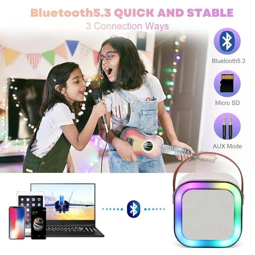Image of Kids Karaoke Speaker with Wireless Microphone | Portable Bluetooth Singing Machine with LED Lights | Mini Rechargeable Karaoke System for Boys & Girls (1 Mic, Beige)