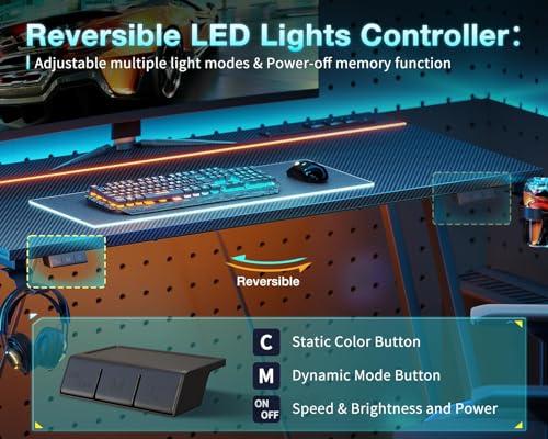 Image of MOTPK 55 Inch Gaming Desk with LED Lights & Power Outlet, Computer Desk for Small Space, Cheap Gaming Table with Carbon Fiber Texture, Kids Desk Gift for Boys Men, Black