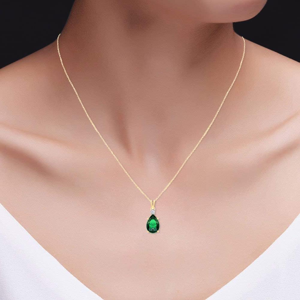 SAVEARTH DIAMONDS 2 1/4 Ct 14K Gold Plated 925 Sterling Silver Pear Shape Green Nano Emerald and Round Shape White Lab Grown Diamond Pendant Necklace For Women (2.25 Cttw) with 18" Rope Chain