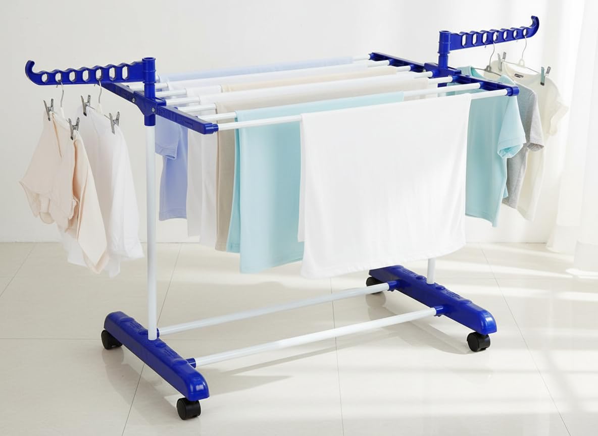 FLIPZON Premium Clothes Stand for Drying with Wheels | Portable | 1 Layer Rack for Balcony | Foldable Wings | 7 Hanger Rods | Alloy Steel & Plastic (White & Blue)-image-12