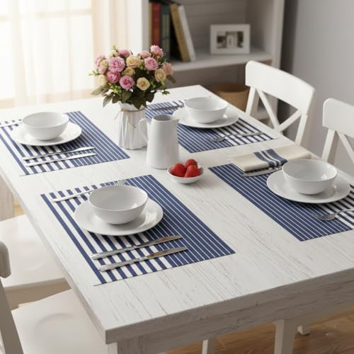 Image of YELONA Dining Table Placemats Set of 4 - Heat-Resistant, Non-Slip, Washable & Stain Resistant Woven PVC Vinyl Table Mats for Kitchen & Dining - 45 x 30 cm, Black & White