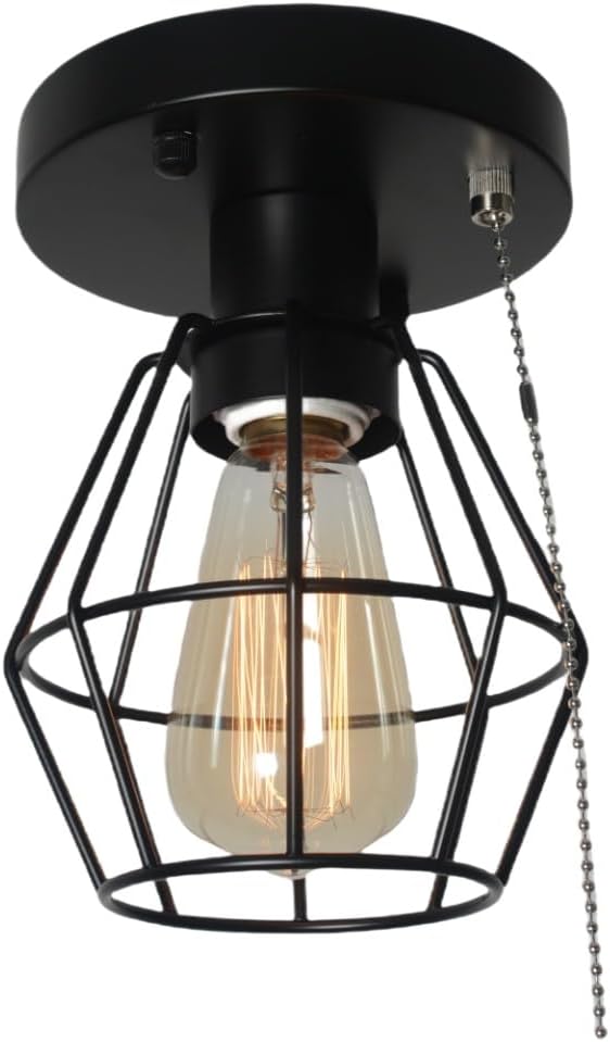 Black Metal Wire Cage Ceiling Light with Pull Chain, 1-Light Modern Industrial Semi Flush Mount Light Small Pull String Entryway Porch Ceiling Light Fixture Edison E26 161